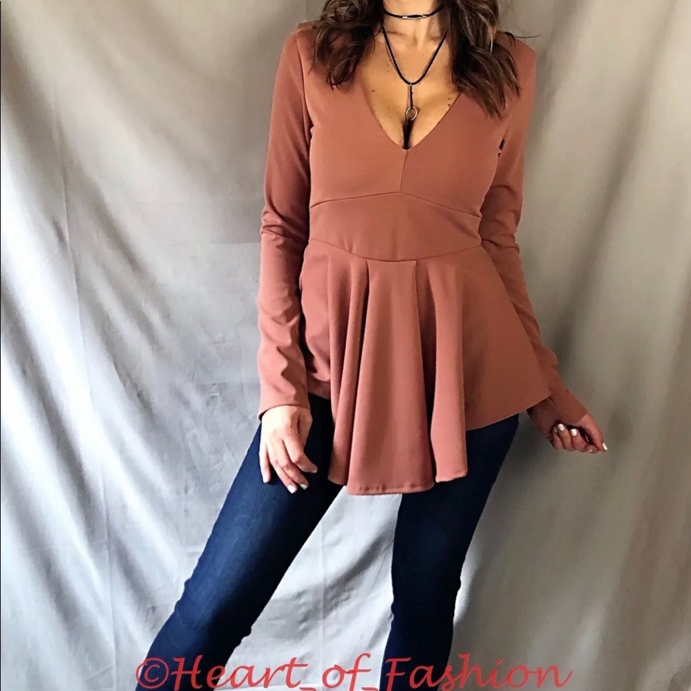 Deep Plunge V-Neck Pleated Peplum Blouse Top